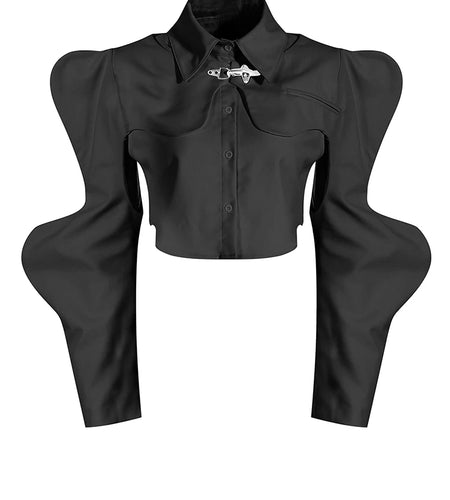 Women Black Shaped Irregular Short Blouse New Lapel Long Sleeve Loose Fit Shirt Fashion Tide Spring Autumn 2025 1DE7398