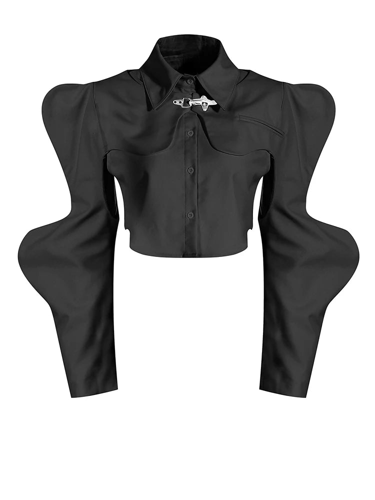 Women Black Shaped Irregular Short Blouse New Lapel Long Sleeve Loose Fit Shirt Fashion Tide Spring Autumn 2025 1DE7398