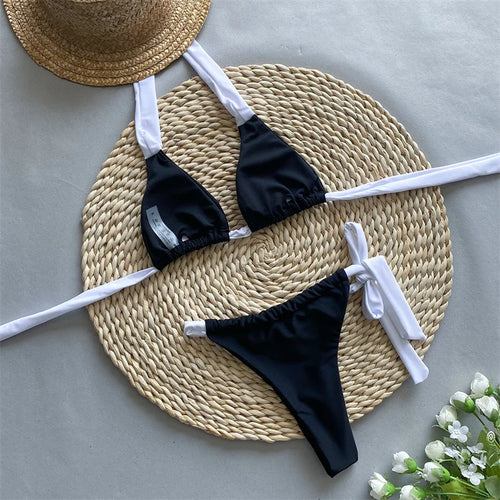 Load image into Gallery viewer, Sexy Halter Black White Patchwork Bikini Set Thong Women Swimwear Female Swimsuit Bandage Brazilian Bathing Suit
