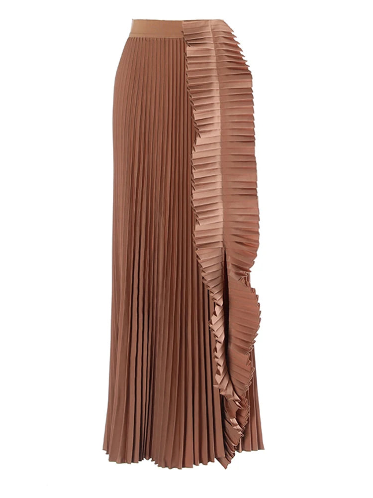 High Elastic Waist Pleated Camel Irregular Shaped Long Half-body Skirt Women Fashion Tide New Spring Autumn 2025 1DH9415