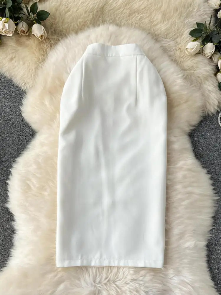 Spring Autumn Temperament Party Thick White Package Hip Midi Skirt Women Elegant High Waist Split Pencil Skirts Female Versatile