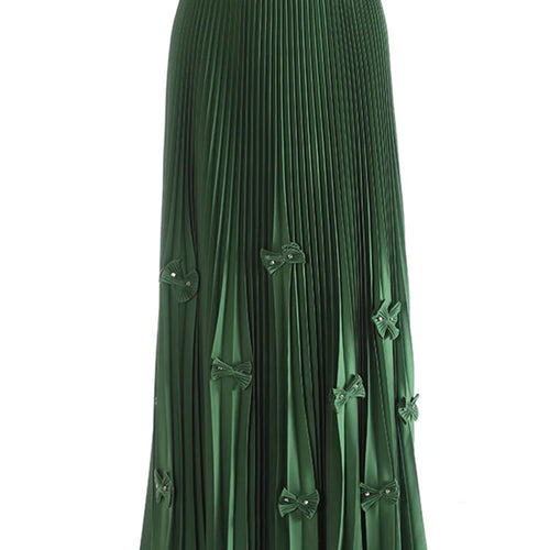 Load image into Gallery viewer, High Elastic Waist Red Bow Rhinestones Pleated A-line Half-body Skirt Women Fashion Tide New Spring Autumn 2025 1DJ1260
