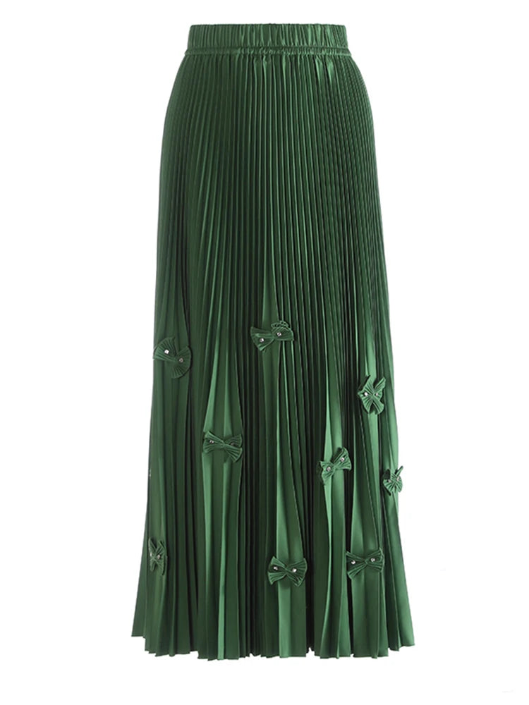 High Elastic Waist Red Bow Rhinestones Pleated A-line Half-body Skirt Women Fashion Tide New Spring Autumn 2025 1DJ1260