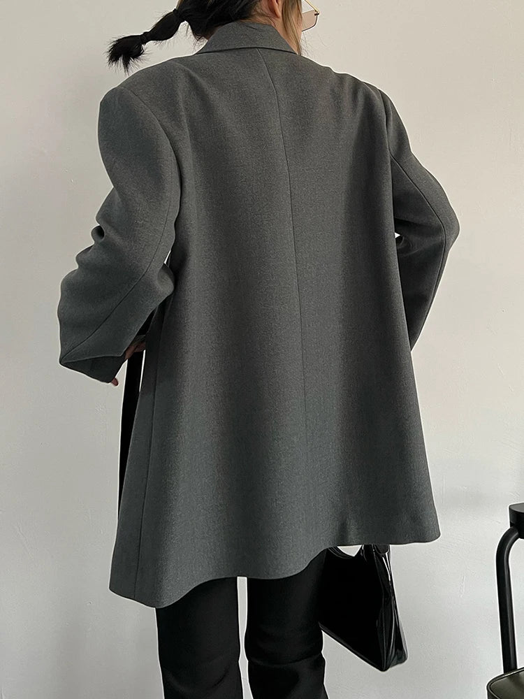 Women Gray Ribbon button Slit Elegant Big Size Blazer New Lapel Long Sleeve Jacket Fashion Tide Spring Autumn 2025 5W1003