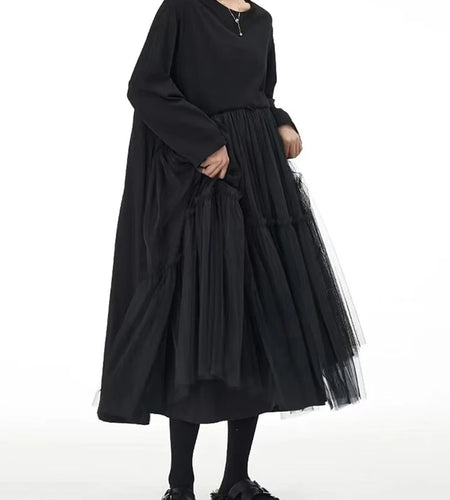 Women Black Mesh Spliced Big Size Midi Casual Dress New Round Neck Long Sleeve Fashion Tide Spring Autumn 2025 1DH8296