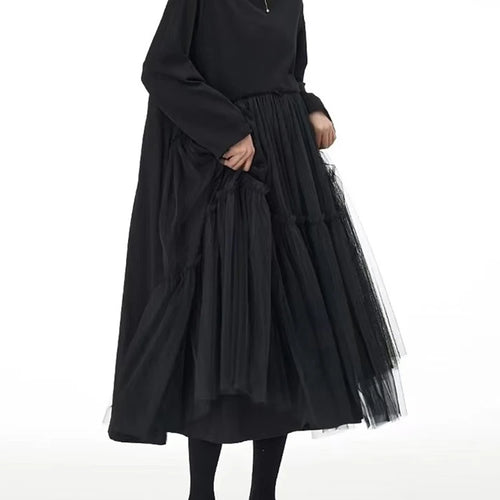 Load image into Gallery viewer, Women Black Mesh Spliced Big Size Midi Casual Dress New Round Neck Long Sleeve Fashion Tide Spring Autumn 2025 1DH8296
