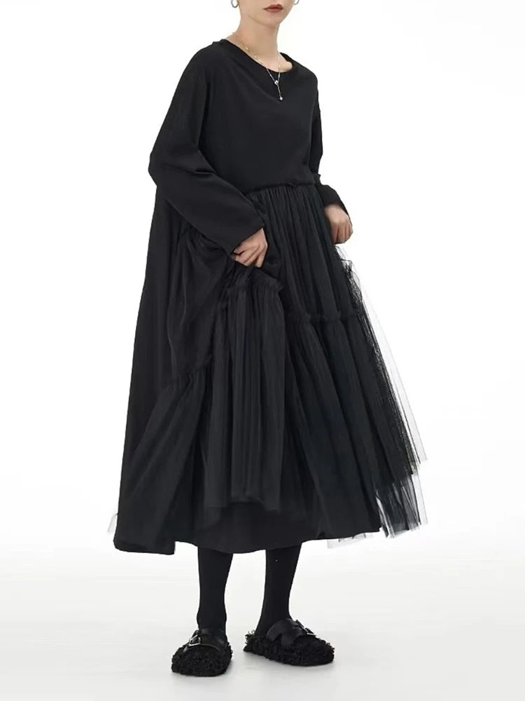 Women Black Mesh Spliced Big Size Midi Casual Dress New Round Neck Long Sleeve Fashion Tide Spring Autumn 2025 1DH8296