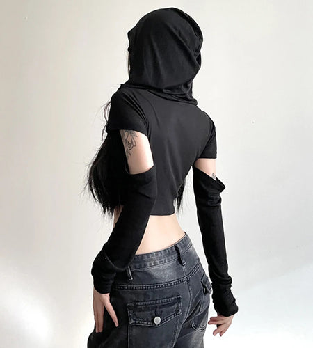 y2k Crop Top Women Punk Gothic Clothes Solid Color Long Sleeve Hooded T Shirt with Thumbhole Wasteland Tee Streetwear