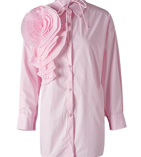 Women Three-dimensional Flower Big Size Elegant Blouse New Lapel Long Sleeve Shirt Fashion Tide Spring Autumn 2025 GZ560