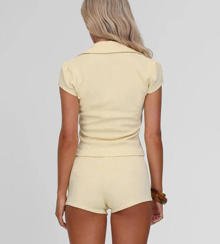 Comfortable 2 Piece Set Women Lapel Neck Single-Breasted Crop Tops+Buttom Skinny Shorts Daily Home Casual Simple Suit