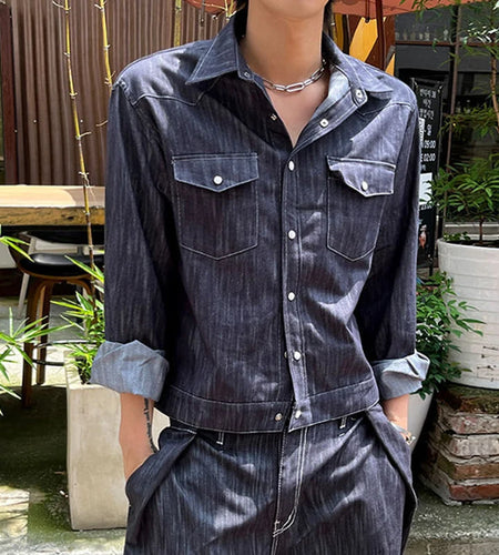 Niche Design Men's Two-piece Sets Turn-down Collar Single Breasted Denim Jackets Straight Wide Leg Solid Color Jeans 9C8988