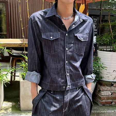 Niche Design Men's Two-piece Sets Turn-down Collar Single Breasted Denim Jackets Straight Wide Leg Solid Color Jeans 9C8988