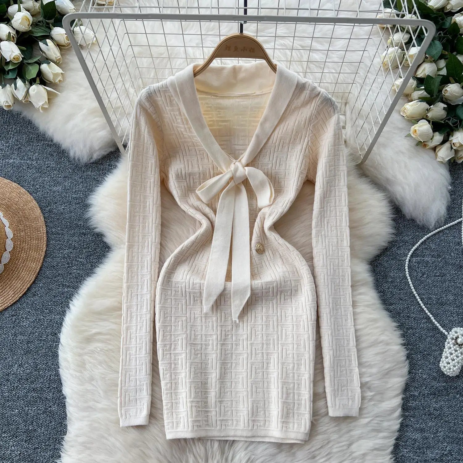 French Fashion Women Solid Elegant Button Bandage V Neck Short Dress Autumn Long Sleeves Knitted Sweater Mini Dress Trend Simple