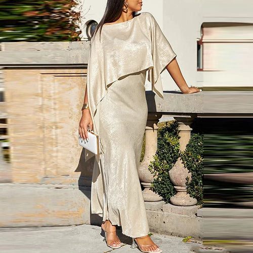 Load image into Gallery viewer, Women Luxury Evening Prom Maxi Dress 2025 Summer Elegant Shiny Cape Asymmterical Batwing Sleeves Long Dresses Autumn
