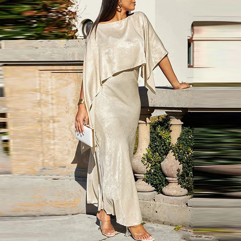 Women Luxury Evening Prom Maxi Dress 2025 Summer Elegant Shiny Cape Asymmterical Batwing Sleeves Long Dresses Autumn