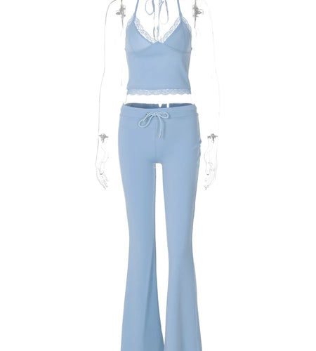 Casual 2 Pcs Sets Halter Solid Patchwork Bandage Sexy Crop Camis Drawstring Flare Pants Y2K Outfit Party Festival