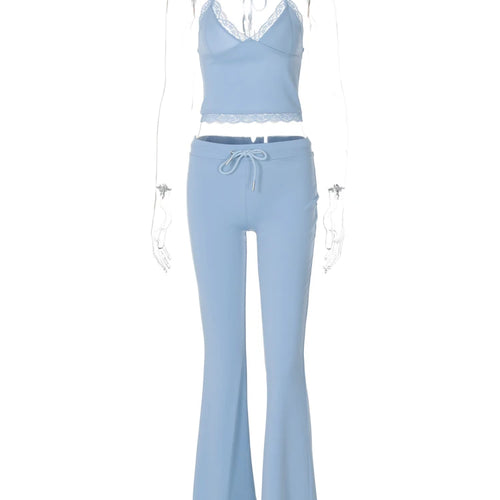 Load image into Gallery viewer, Casual 2 Pcs Sets Halter Solid Patchwork Bandage Sexy Crop Camis Drawstring Flare Pants Y2K Outfit Party Festival
