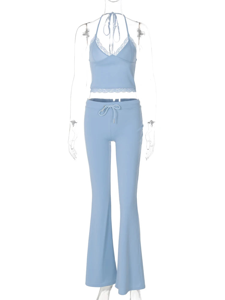 Casual 2 Pcs Sets Halter Solid Patchwork Bandage Sexy Crop Camis Drawstring Flare Pants Y2K Outfit Party Festival