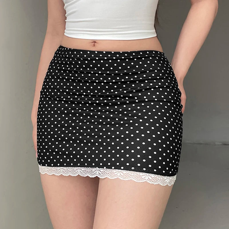 Y2K Aesthetics Dot Printed Lace Patchwork Micro Skirts Women's Summer Cutecore Low Waist Slimming Bottoms Hottie New