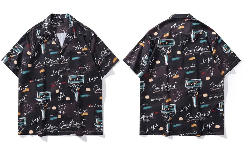 Vintage Hawaiian Shirts Men Graffiti Graphic Printed Summer Beach Blouse Hip Hop Harajuku Baggy Short Sleeve Button Up Tops