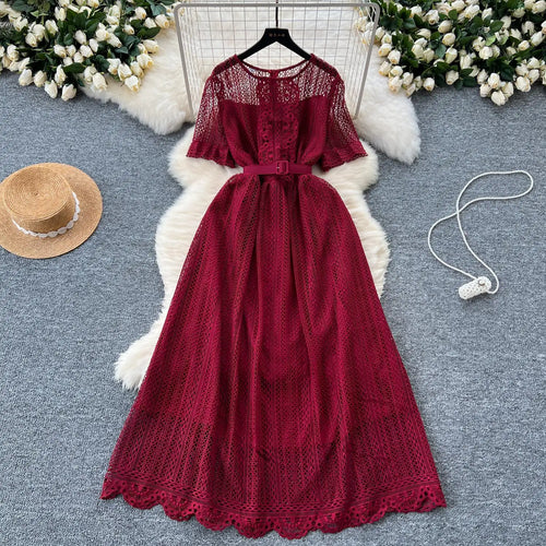 Load image into Gallery viewer, Summer French Retro Solid Round Neck Short Sleeved Hollow Out Lace Dress For Women Slim Elegant High Waist Party Evening Dresses
