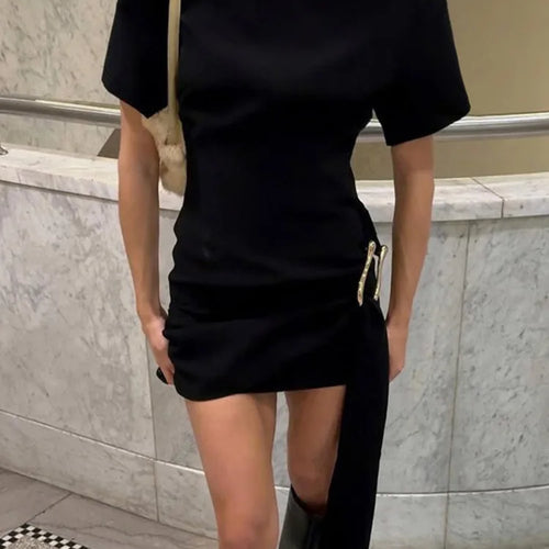 Load image into Gallery viewer, Short Sleeve Draped Sexy Mini Dress For Women Black Metal Buckle O Neck High Waist Bodycon Club Dress Vestido Clothes
