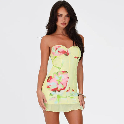 Load image into Gallery viewer, Off-shoulder Strapless Sexy Mini Dress For Women Robe Yellow Sleeveless Backless Ruffled Printed Club Dress Vestido
