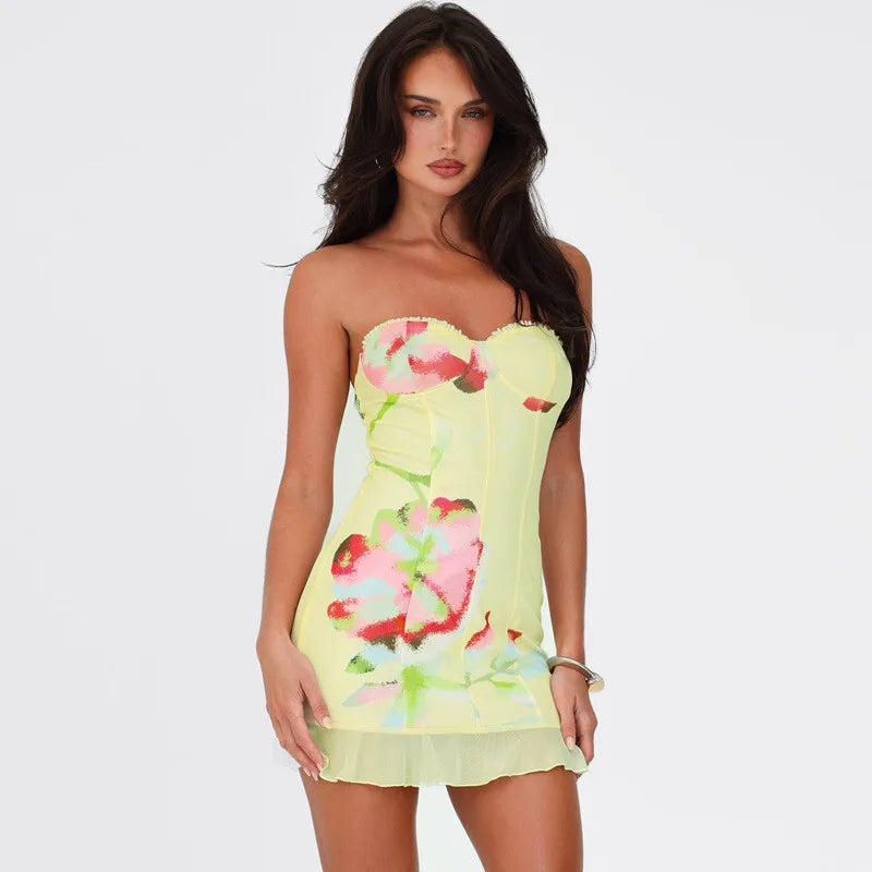 Off-shoulder Strapless Sexy Mini Dress For Women Robe Yellow Sleeveless Backless Ruffled Printed Club Dress Vestido