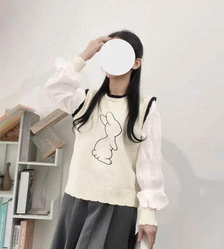 Korean Version Vintage White Patchwork Rabbit Embroidered Sweater For Women Autumn Winter Long Sleeved Loose Knitted Top Popular