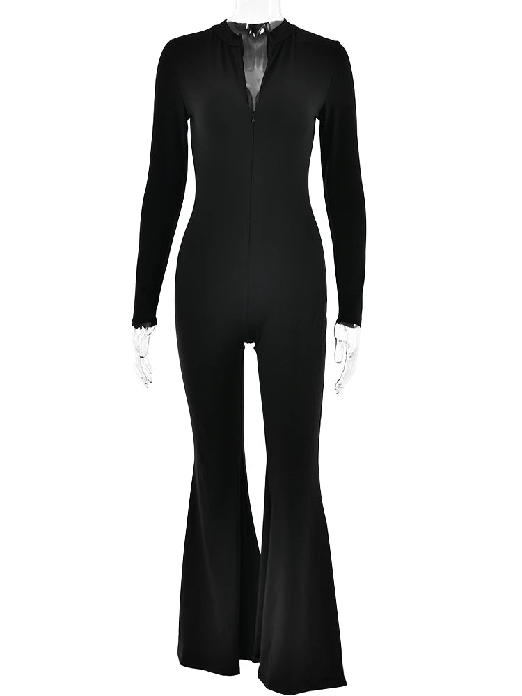 Autumn/Winter Long Sleeve Zipper Skinny Jumpsuit Women Elastic Tight Flare Playsuit Female Fashion Casual Sports Rompers