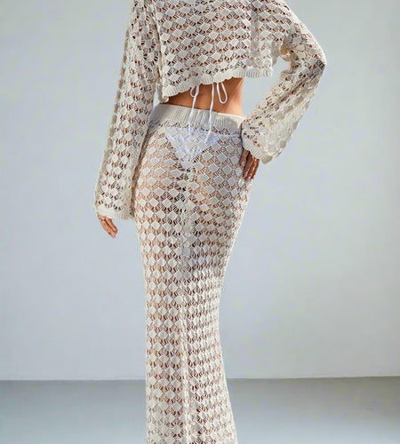 Long Sleeve Hollow Out Crochet Knitted Two-pieces Tunic Beach Cover Up Cover-ups Beach Dress Beach Wear Beachwear Female V6150