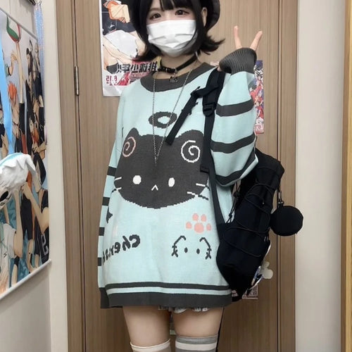 Load image into Gallery viewer, Japanese Contrast Color Striped Cartoon Cat Sweater Women Y2k Harajuku Casual Cute Kawaii Jumper Aesthetic Sweet Loose Pullovers
