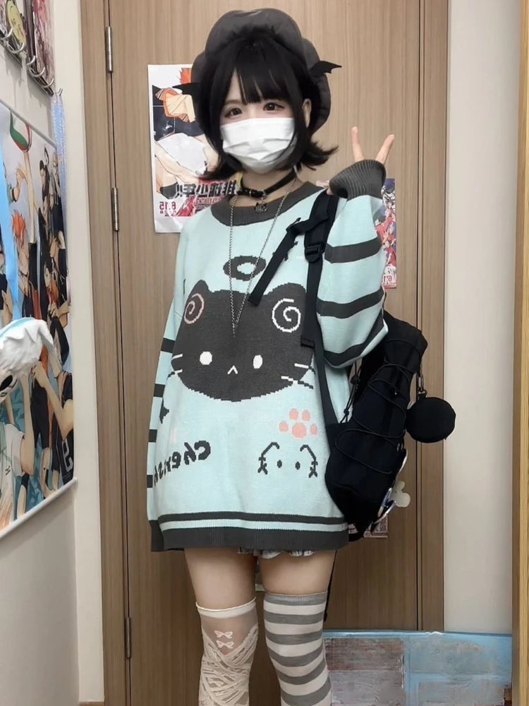 Japanese Contrast Color Striped Cartoon Cat Sweater Women Y2k Harajuku Casual Cute Kawaii Jumper Aesthetic Sweet Loose Pullovers