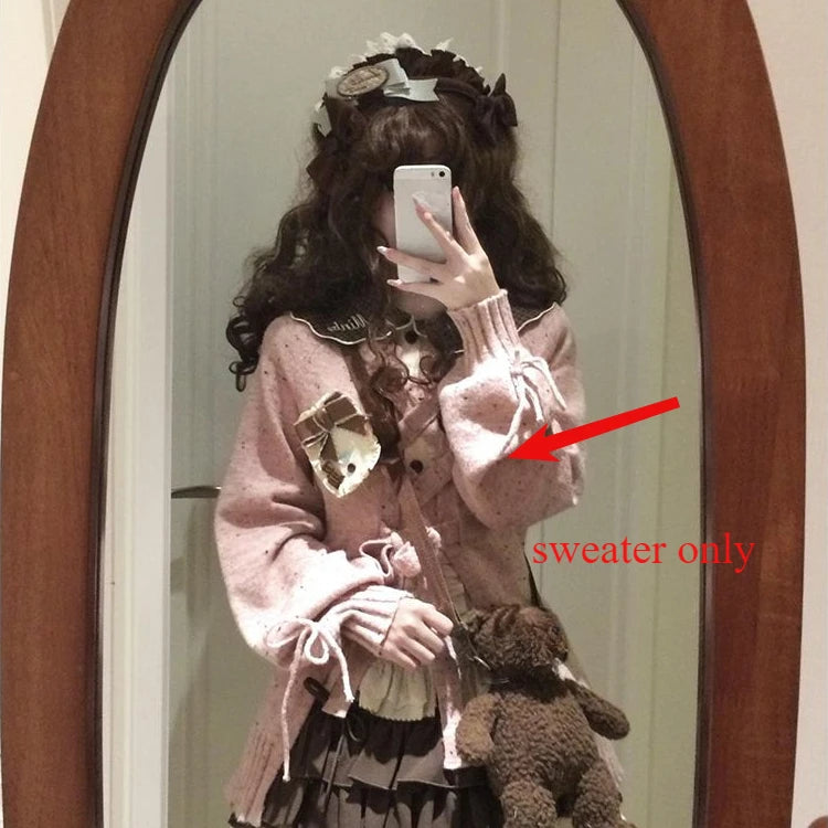 Japanese Sweet Lolita Cardigans Women Y2k Aesthetic Hollow Out Bandage Sweater Kawaii Bow Pocket 2025 Casual Streetwear JK Tops