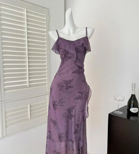 French Women's Purple Print Elegant Sexy Club Backless Slip Long Dress 2025 Summer Black Sleeveless Slim Vacation Party Dresses