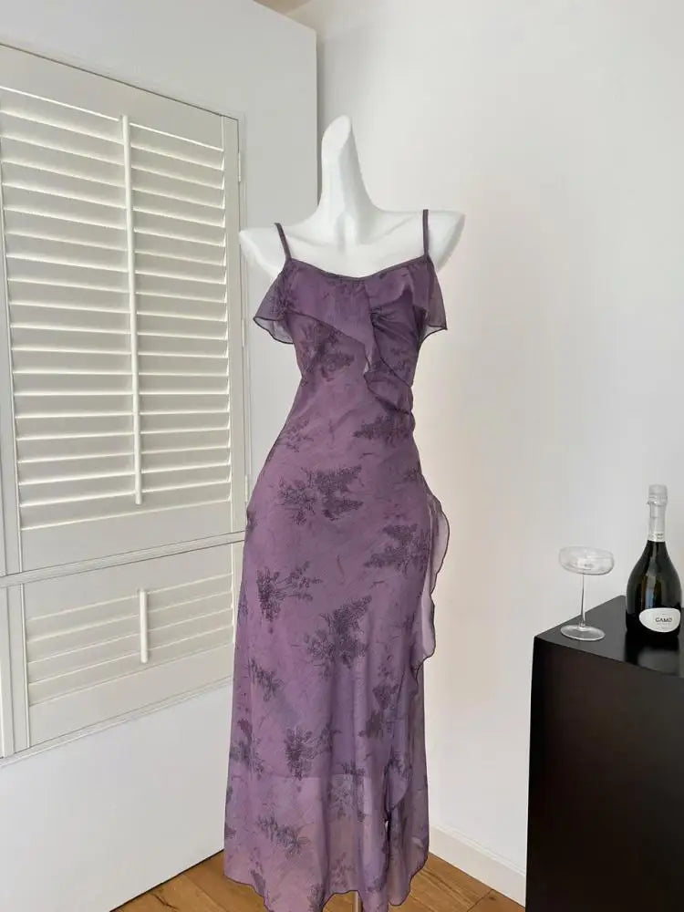 French Women's Purple Print Elegant Sexy Club Backless Slip Long Dress 2025 Summer Black Sleeveless Slim Vacation Party Dresses