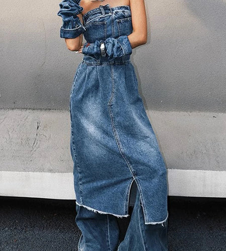 Solid Spliced Button Slimming Dresses For Women Strapless Sleeveless High Waist Temperament Dress Female Fashion