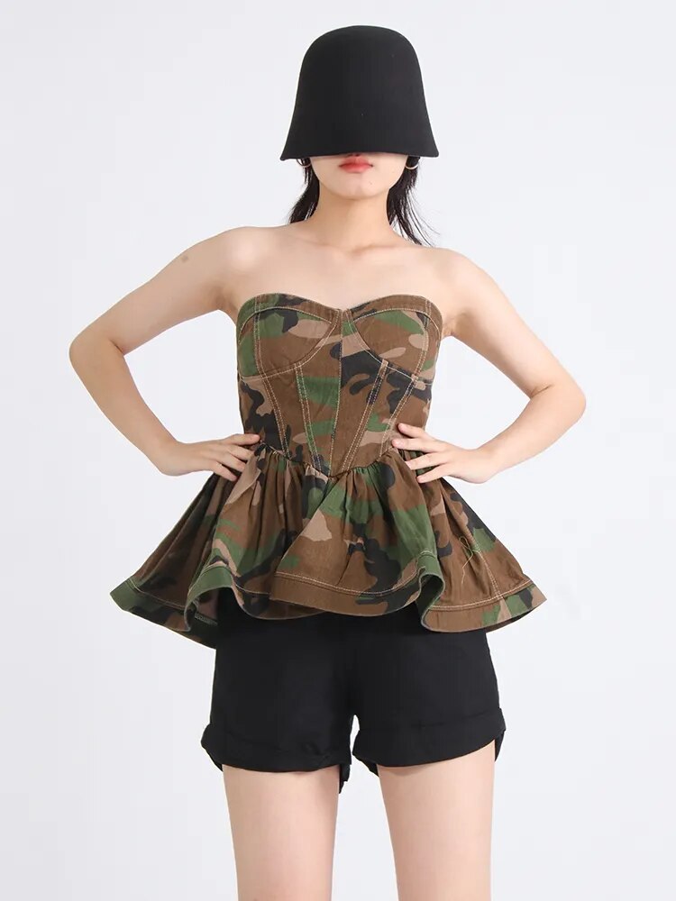 Camouflage Casual Vests For Women Starpless Sleeveless Patchwork Folds Vintage Elegant Tank Tops Female Fashion