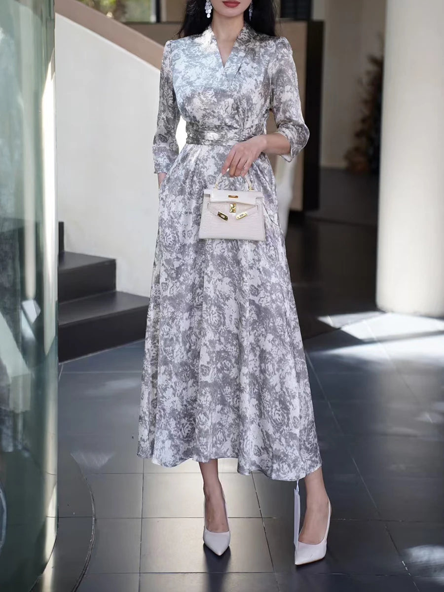 Solid Spliced Lace Up Slimming Dresses For Women V Neck Long Sleeve High Waist Temperament Elegant Dress Female New