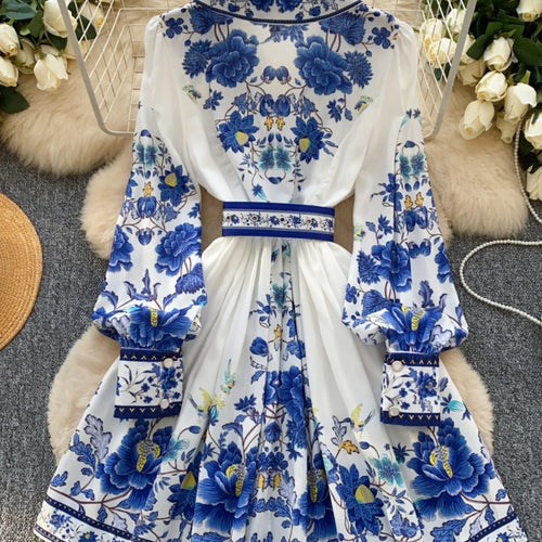 Load image into Gallery viewer, French Vintage Black Blue Flower Elegant High Waist Long Sleeved A Line Dresses Spring Fashion Evening Party Gown Dress Bohemian
