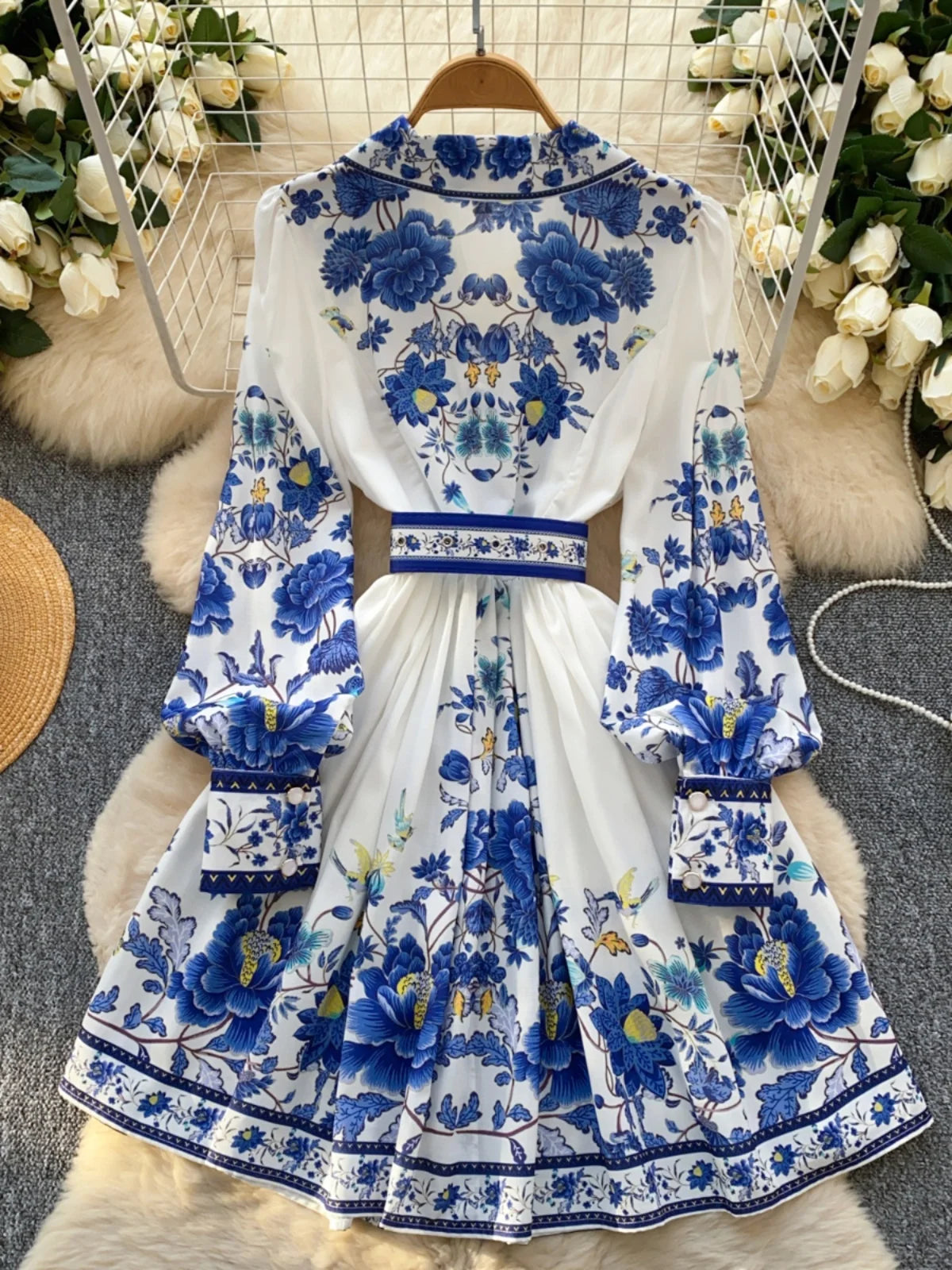 French Vintage Black Blue Flower Elegant High Waist Long Sleeved A Line Dresses Spring Fashion Evening Party Gown Dress Bohemian
