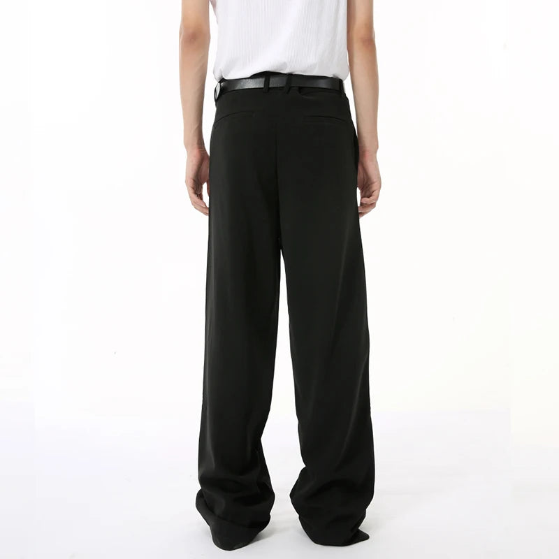 Korean Style Men's Suit Pants Pleated Straight Wide Leg Male Trousers Solid Color Loose Bottom Simple 9C6832