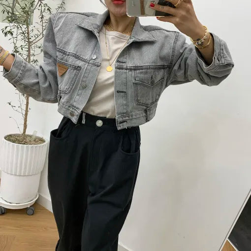 Retro Grey Crop Denim Jacket Women Long Sleeve 2023 Autumn Street Korean Fashion High Waist Jean Coat Ladies Festival Outerwear