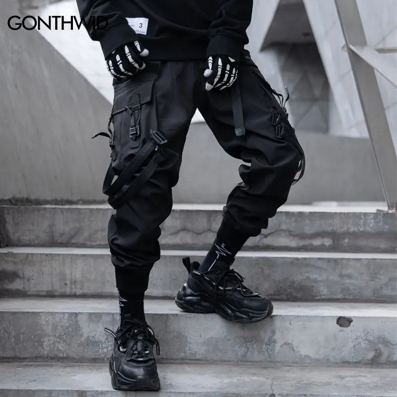 Men Cargo Harem Pants Streetwear Hip Hop Size Ribbon Multi-Pockets Baggy Joggers Autumn Harajuku Casual Loose Trousers Black