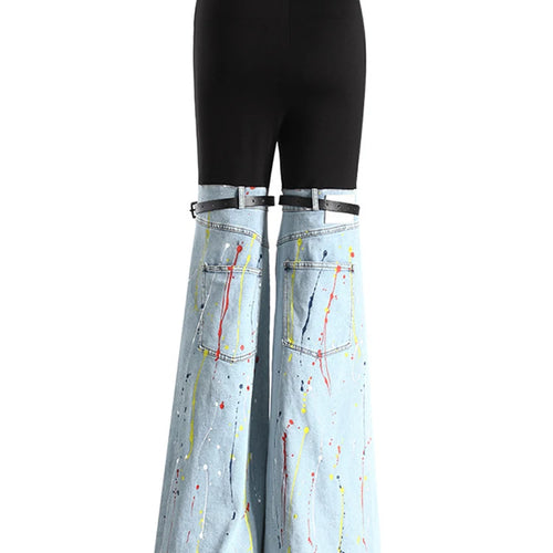 Load image into Gallery viewer, High Waist Blue Denim Color-block Buckle Long  Wide Leg Jeans New Women Trousers Fashion Tide Spring Autumn 2025 7AB4525
