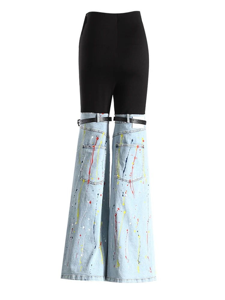 High Waist Blue Denim Color-block Buckle Long  Wide Leg Jeans New Women Trousers Fashion Tide Spring Autumn 2025 7AB4525