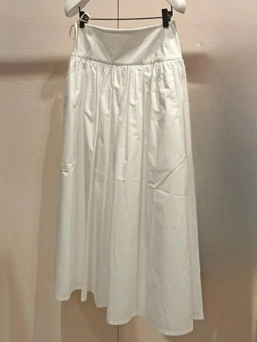 Solid Loose Spliced Folds Casual Skirts for Women High Waist Patchwork Lace Up Minimalist Skirt Female Clothing New