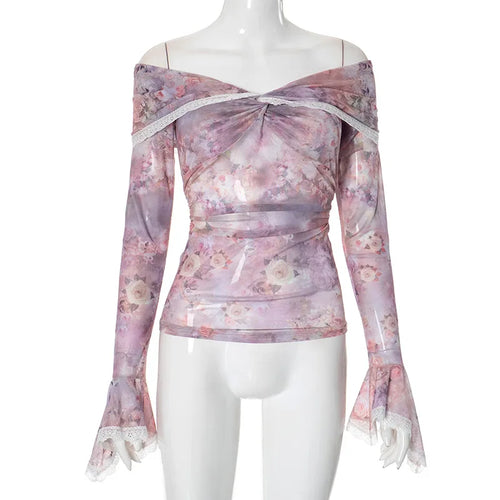 Load image into Gallery viewer, Sexy Lace Patchwork Slash Neck Gauze Tshirts Women Y2k Aesthetic Bottoming Grunge Tops Harajuku Vintage Fairy Print Pleated Tees
