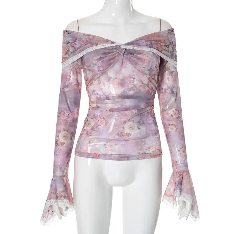 Sexy Lace Patchwork Slash Neck Gauze Tshirts Women Y2k Aesthetic Bottoming Grunge Tops Harajuku Vintage Fairy Print Pleated Tees