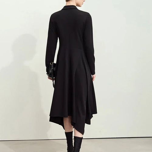 Minimalism Half Cardigan Dresses Women 2025 Autumn New Lapel Irregular Swing Waist Long Elegant Dress For Lady 12423070